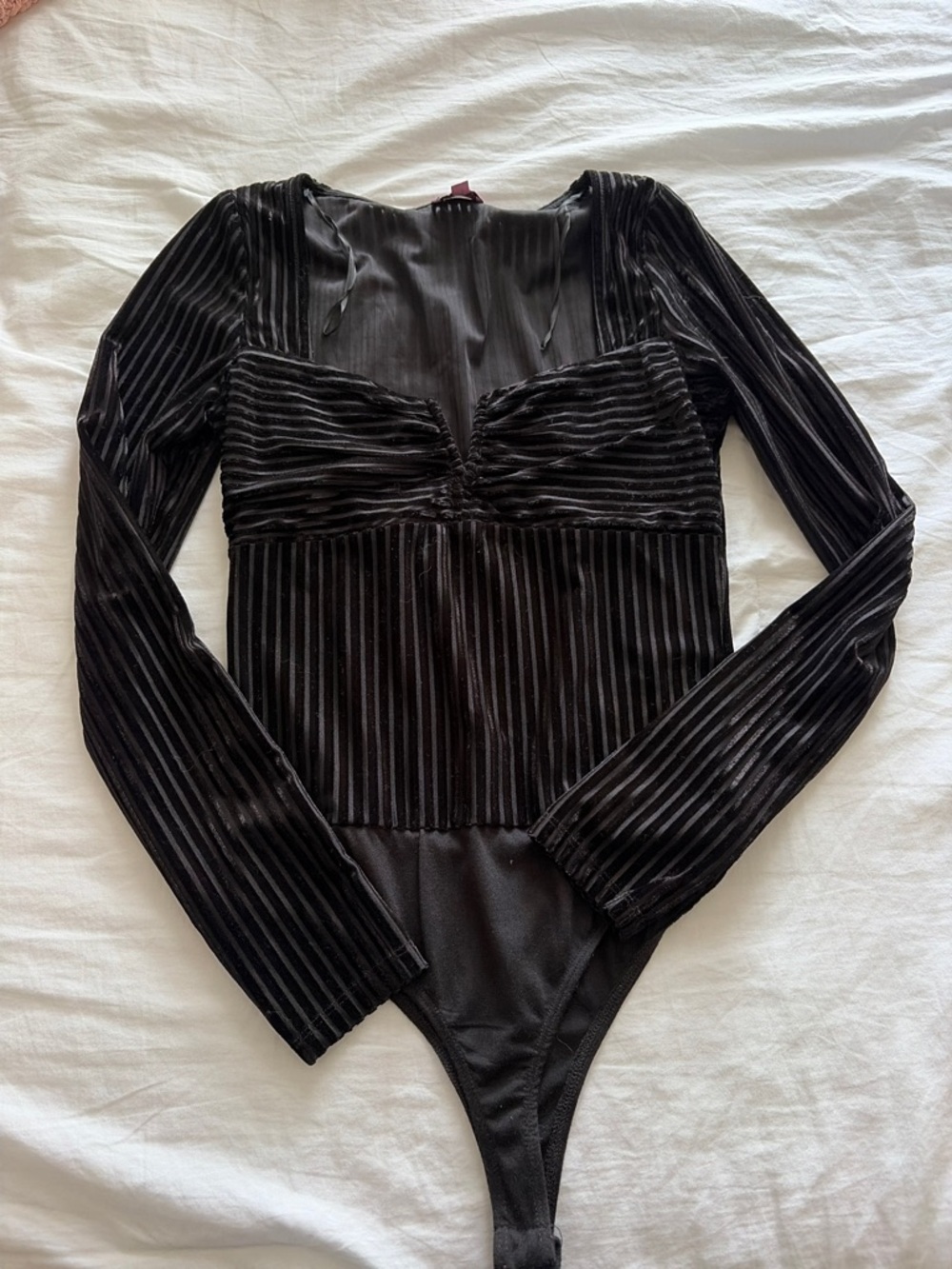 Francesca's Collections Black Velvet Stripe Long-Sleeve Bodysuit